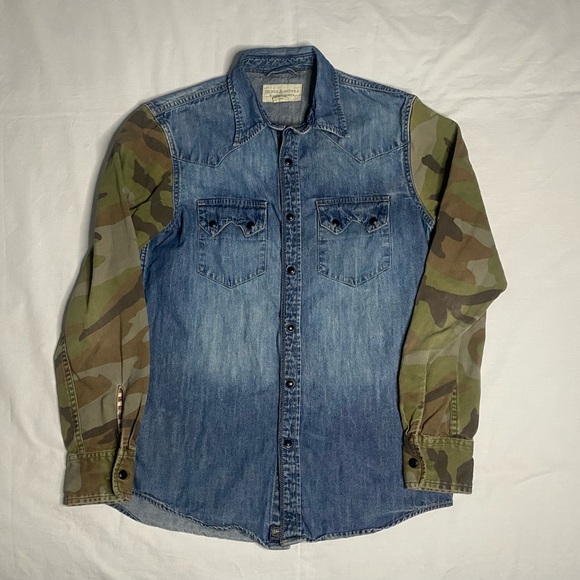 Ralph Lauren Denim Supply Shirt Mens Small Denim Camo Sleeve Pearl Snap Western - Picture 1 of 8